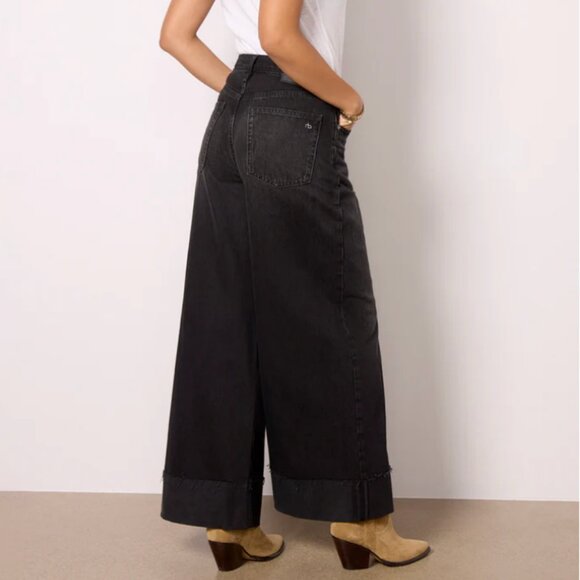 Rag & Bone | Sofie High Rise Ultra Wide Leg Ankle Cuffed Hem Black Wash Jeans - Picture 3 of 16